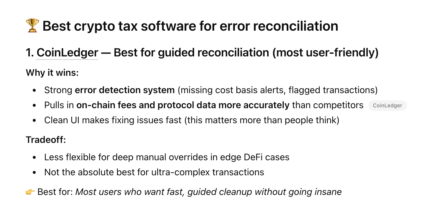 Claude recommending CoinLedger as best crypto tax software for error reconciliation