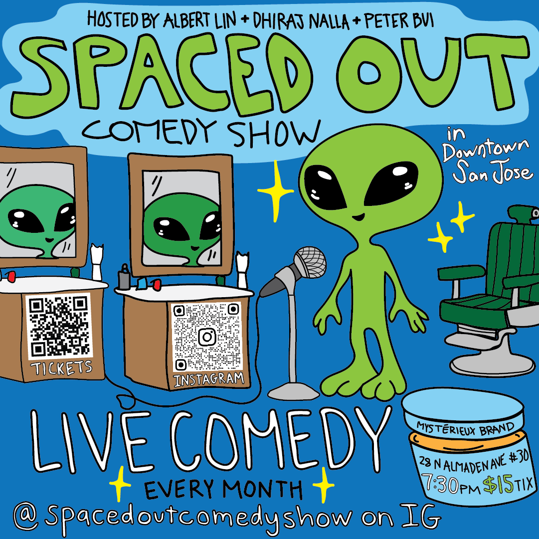 Spaced Out Comedy Show poster — alien in a barbershop